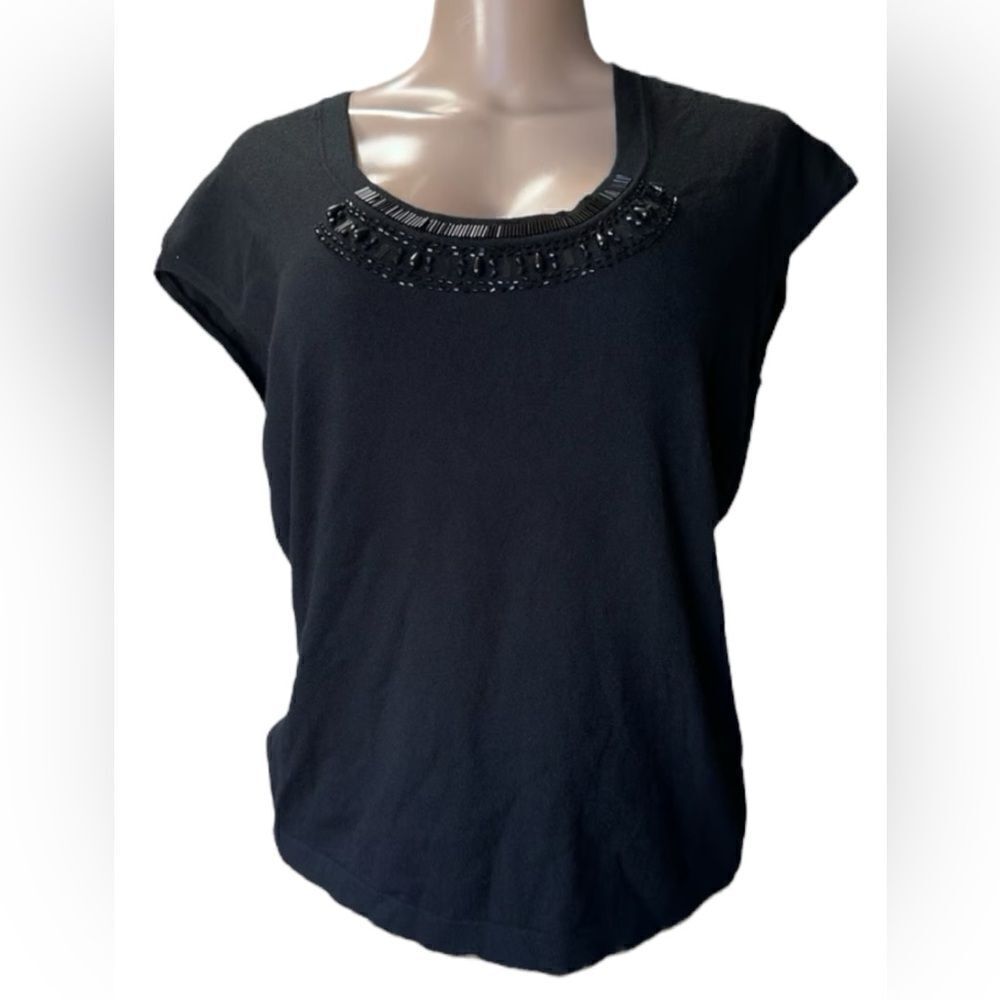 Chico's Solid Black Top Blouse Shirt Size
1 Round Neck Embellished Short Sleeve
